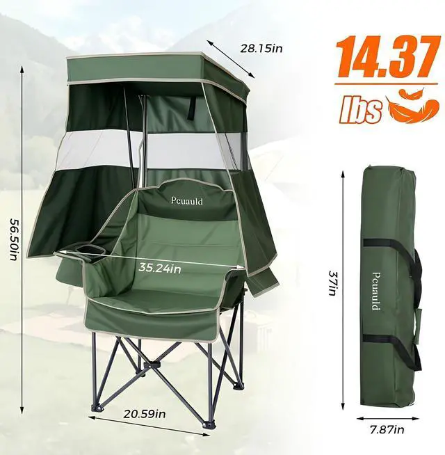Alt view image 2 of 7 - Camping Chair with Canopy Shade Heavy Duty Folding Chair with Umbrella Cup Holder Oversized Beach Chairs with Canopy for Adults Portable Padded Outdoor Lawn Chair for Sports Fishing, 500LBS, Green