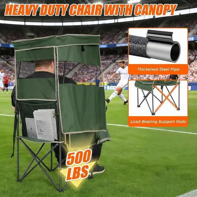 Alt view image 6 of 7 - Camping Chair with Canopy Shade Heavy Duty Folding Chair with Umbrella Cup Holder Oversized Beach Chairs with Canopy for Adults Portable Padded Outdoor Lawn Chair for Sports Fishing, 500LBS, Green