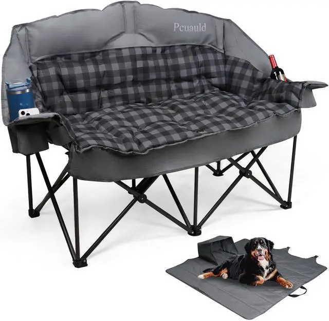 Main image of Padded Double Camping Chair Loveseat Couch with 2 in 1 Carry Bag, Gray | Oversized 2 Person Camping Chairs Heavy Duty Folding Camp Lawn Sofa with Cup Holders for Adults, 900 LBS