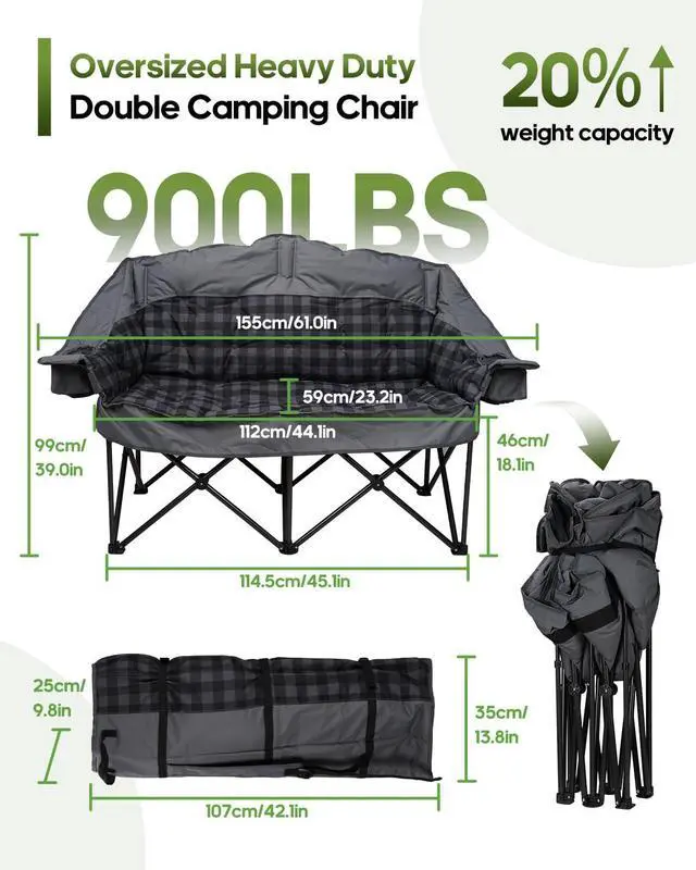 Alt view image 3 of 7 - Padded Double Camping Chair Loveseat Couch with 2 in 1 Carry Bag, Gray | Oversized 2 Person Camping Chairs Heavy Duty Folding Camp Lawn Sofa with Cup Holders for Adults, 900 LBS