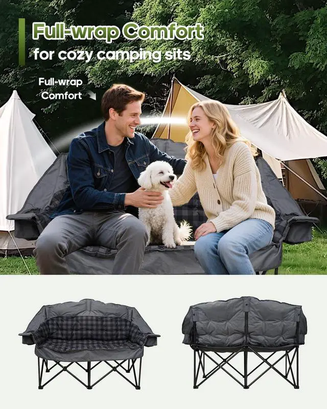 Alt view image 4 of 7 - Padded Double Camping Chair Loveseat Couch with 2 in 1 Carry Bag, Gray | Oversized 2 Person Camping Chairs Heavy Duty Folding Camp Lawn Sofa with Cup Holders for Adults, 900 LBS