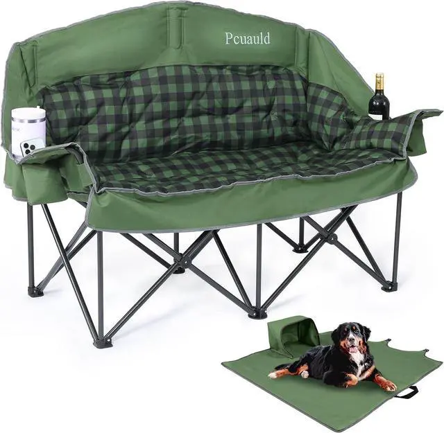 Main image of Double Camping Chair Padded Loveseat for Adults, Oversized 2 Person Camp Couch with 2 in 1 Carry Bag, Heavy Duty Folding Outdoor Sofa with Cup Holders for Lawn Beach Tailgating, Green