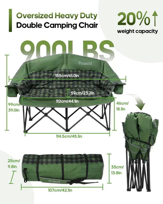 Alt view image 2 of 7 - Double Camping Chair Padded Loveseat for Adults, Oversized 2 Person Camp Couch with 2 in 1 Carry Bag, Heavy Duty Folding Outdoor Sofa with Cup Holders for Lawn Beach Tailgating, Green