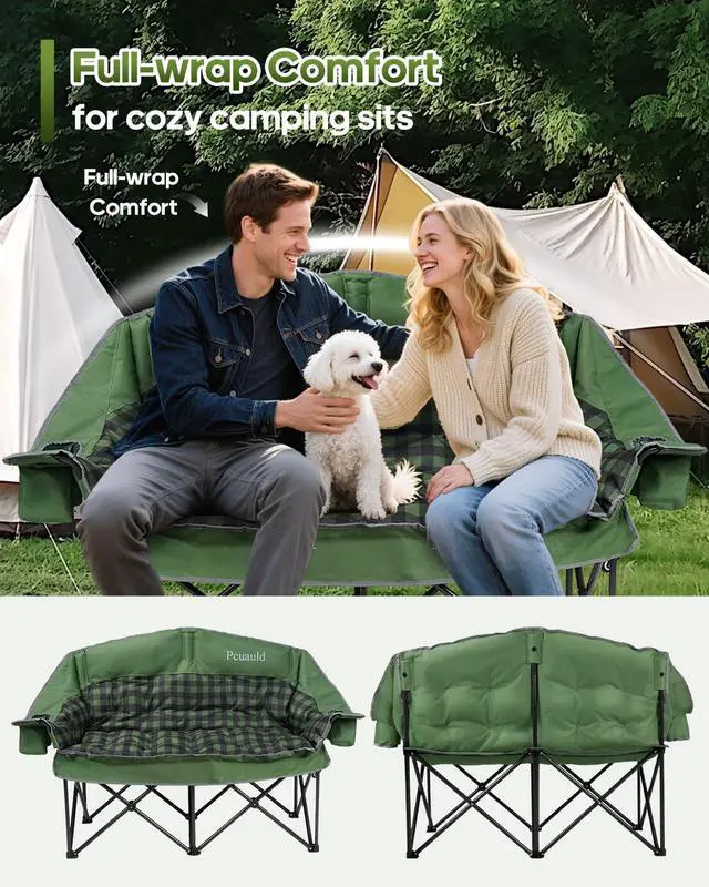 Alt view image 3 of 7 - Double Camping Chair Padded Loveseat for Adults, Oversized 2 Person Camp Couch with 2 in 1 Carry Bag, Heavy Duty Folding Outdoor Sofa with Cup Holders for Lawn Beach Tailgating, Green