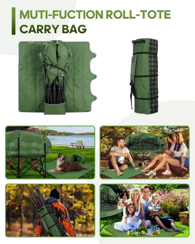 Alt view image 7 of 7 - Double Camping Chair Padded Loveseat for Adults, Oversized 2 Person Camp Couch with 2 in 1 Carry Bag, Heavy Duty Folding Outdoor Sofa with Cup Holders for Lawn Beach Tailgating, Green