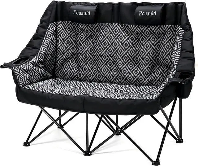Main image of High Back Double Camping Chair Padded Folding Loveseat with Adjustable Pillows Heavy Duty 2 Person Camping Lawn Chairs for Adults with Cup Holders & Wine Racks for Outdoor Sports Beach Fishing