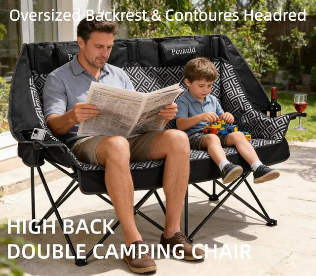 Alt view image 5 of 7 - High Back Double Camping Chair Padded Folding Loveseat with Adjustable Pillows Heavy Duty 2 Person Camping Lawn Chairs for Adults with Cup Holders & Wine Racks for Outdoor Sports Beach Fishing