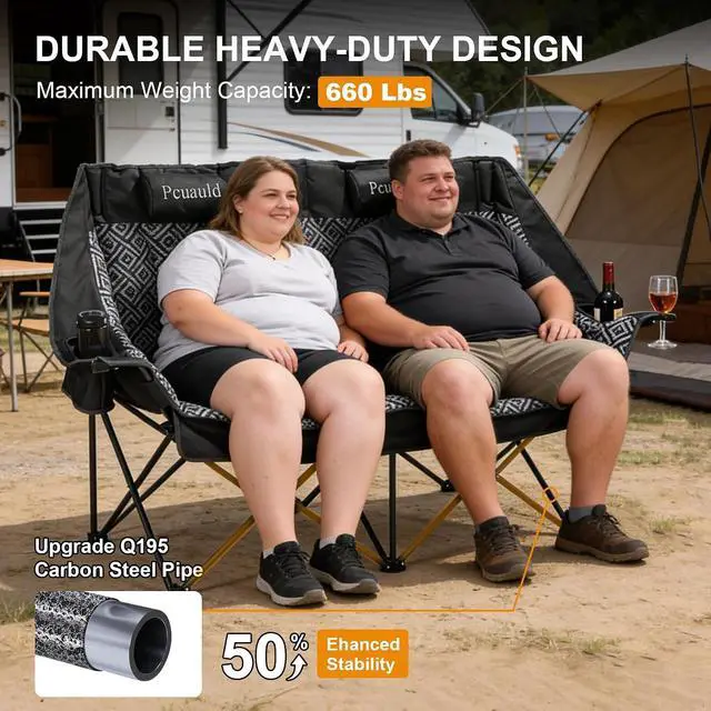 Alt view image 3 of 7 - High Back Double Camping Chair Padded Folding Loveseat with Adjustable Pillows Heavy Duty 2 Person Camping Lawn Chairs for Adults with Cup Holders & Wine Racks for Outdoor Sports Beach Fishing