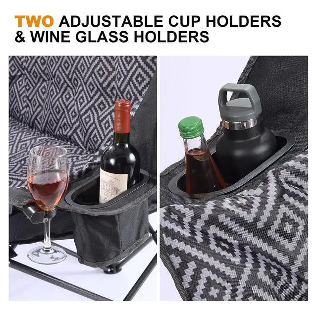 Alt view image 4 of 7 - High Back Double Camping Chair Padded Folding Loveseat with Adjustable Pillows Heavy Duty 2 Person Camping Lawn Chairs for Adults with Cup Holders & Wine Racks for Outdoor Sports Beach Fishing