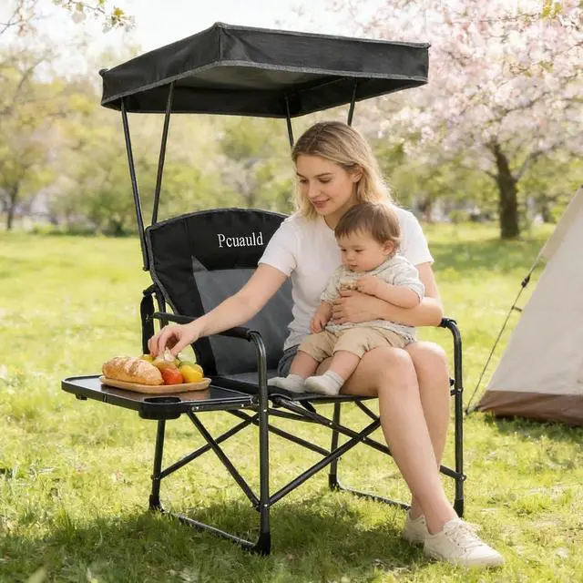 Alt view image 2 of 7 - Oversized Camping Chairs with Canopy Foldable Directors Chair with Side Table & Pockets Portable Adults Heavy Duty Outdoor Folding Chairs for Lawn, Beach, Picnic, Sports and Fishing, Supports 500lbs