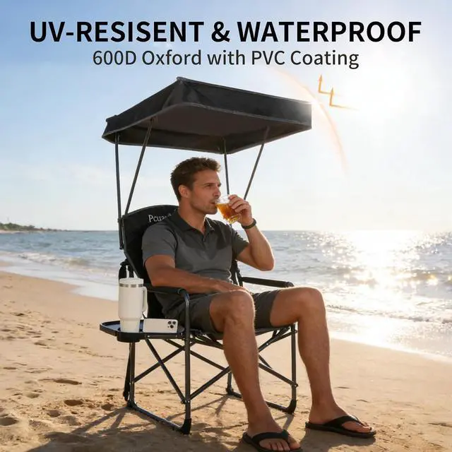 Alt view image 4 of 7 - Oversized Camping Chairs with Canopy Foldable Directors Chair with Side Table & Pockets Portable Adults Heavy Duty Outdoor Folding Chairs for Lawn, Beach, Picnic, Sports and Fishing, Supports 500lbs