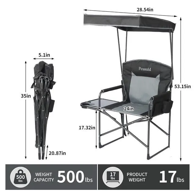 Alt view image 3 of 7 - Oversized Camping Chairs with Canopy Foldable Directors Chair with Side Table & Pockets Portable Adults Heavy Duty Outdoor Folding Chairs for Lawn, Beach, Picnic, Sports and Fishing, Supports 500lbs