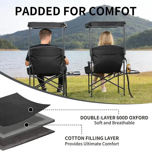 Alt view image 5 of 7 - Oversized Camping Chairs with Canopy Foldable Directors Chair with Side Table & Pockets Portable Adults Heavy Duty Outdoor Folding Chairs for Lawn, Beach, Picnic, Sports and Fishing, Supports 500lbs