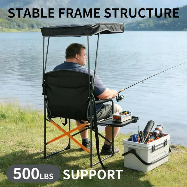 Alt view image 6 of 7 - Oversized Camping Chairs with Canopy Foldable Directors Chair with Side Table & Pockets Portable Adults Heavy Duty Outdoor Folding Chairs for Lawn, Beach, Picnic, Sports and Fishing, Supports 500lbs