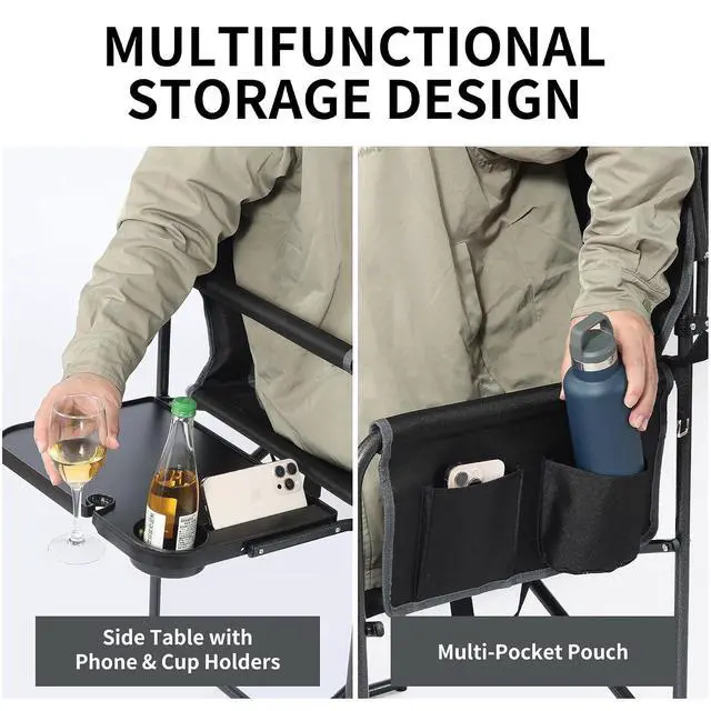Alt view image 7 of 7 - Oversized Camping Chairs with Canopy Foldable Directors Chair with Side Table & Pockets Portable Adults Heavy Duty Outdoor Folding Chairs for Lawn, Beach, Picnic, Sports and Fishing, Supports 500lbs