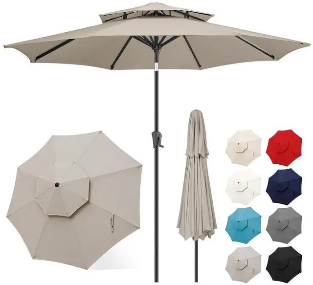 Main image of FLAME&SHADE Patio Umbrella Outdoor with Tilt, 9 ft 2 Tiers, Taupe | 8 Sturdy Ribs,UV Protection, Waterproof, Porch Deck Umbrella for Pool, Table, Garden, Backyard, Provides Shade