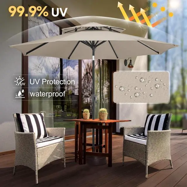 Alt view image 2 of 7 - FLAME&SHADE Patio Umbrella Outdoor with Tilt, 9 ft 2 Tiers, Taupe | 8 Sturdy Ribs,UV Protection, Waterproof, Porch Deck Umbrella for Pool, Table, Garden, Backyard, Provides Shade