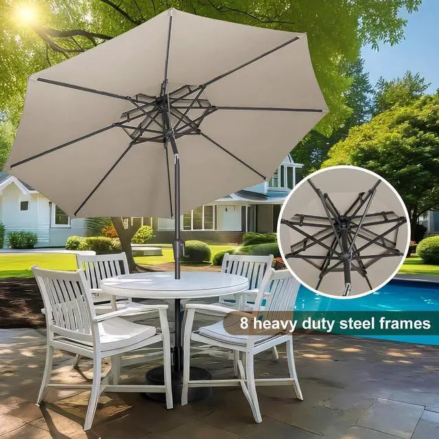 Alt view image 3 of 7 - FLAME&SHADE Patio Umbrella Outdoor with Tilt, 9 ft 2 Tiers, Taupe | 8 Sturdy Ribs,UV Protection, Waterproof, Porch Deck Umbrella for Pool, Table, Garden, Backyard, Provides Shade