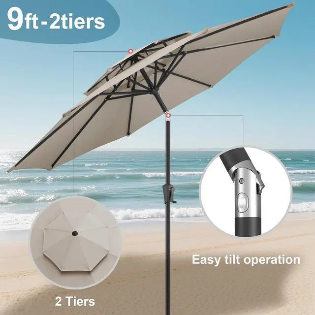 Alt view image 5 of 7 - FLAME&SHADE Patio Umbrella Outdoor with Tilt, 9 ft 2 Tiers, Taupe | 8 Sturdy Ribs,UV Protection, Waterproof, Porch Deck Umbrella for Pool, Table, Garden, Backyard, Provides Shade