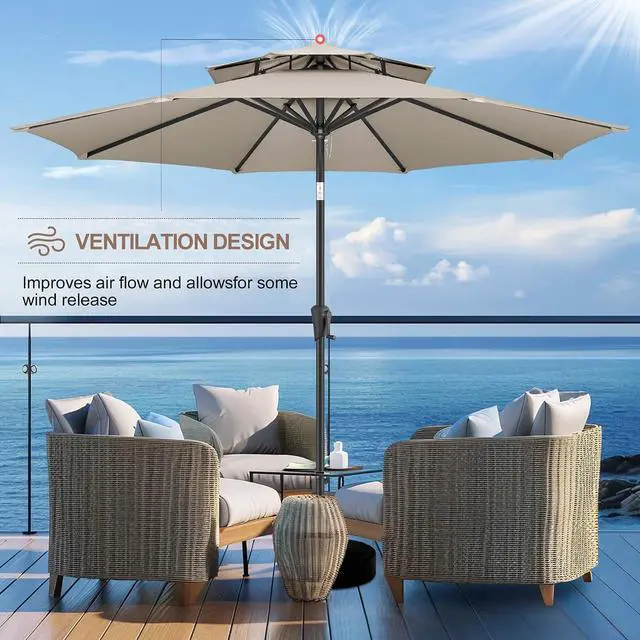 Alt view image 6 of 7 - FLAME&SHADE Patio Umbrella Outdoor with Tilt, 9 ft 2 Tiers, Taupe | 8 Sturdy Ribs,UV Protection, Waterproof, Porch Deck Umbrella for Pool, Table, Garden, Backyard, Provides Shade