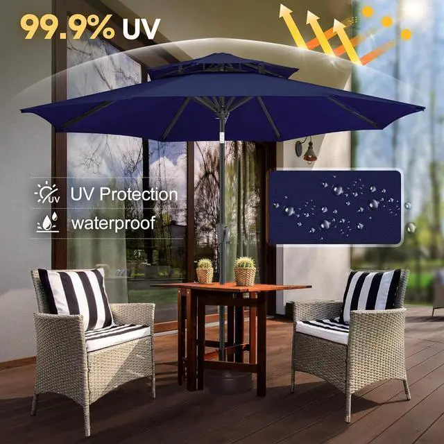 Alt view image 2 of 7 - FLAME&SHADE Patio Umbrella Outdoor with Tilt, 9 ft 2 Tiers, Navy Blue | 8 Sturdy Ribs,UV Protection, Waterproof, Porch Deck Umbrella for Pool, Table, Garden, Backyard, Provides Shade