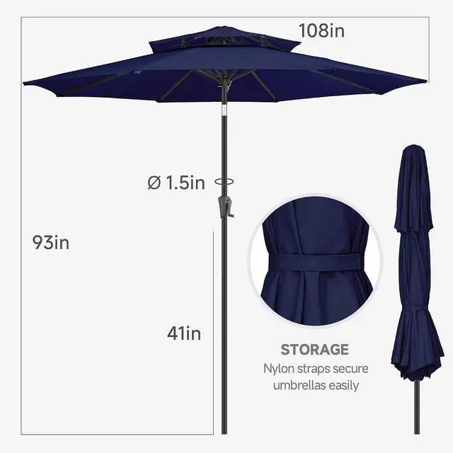 Alt view image 4 of 7 - FLAME&SHADE Patio Umbrella Outdoor with Tilt, 9 ft 2 Tiers, Navy Blue | 8 Sturdy Ribs,UV Protection, Waterproof, Porch Deck Umbrella for Pool, Table, Garden, Backyard, Provides Shade