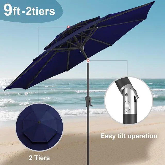Alt view image 5 of 7 - FLAME&SHADE Patio Umbrella Outdoor with Tilt, 9 ft 2 Tiers, Navy Blue | 8 Sturdy Ribs,UV Protection, Waterproof, Porch Deck Umbrella for Pool, Table, Garden, Backyard, Provides Shade