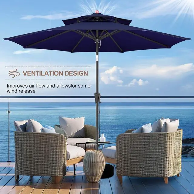 Alt view image 6 of 7 - FLAME&SHADE Patio Umbrella Outdoor with Tilt, 9 ft 2 Tiers, Navy Blue | 8 Sturdy Ribs,UV Protection, Waterproof, Porch Deck Umbrella for Pool, Table, Garden, Backyard, Provides Shade