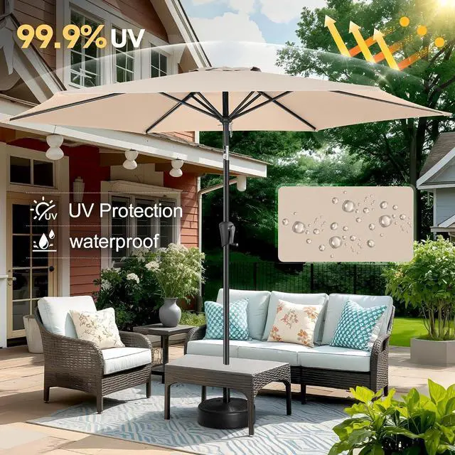 Alt view image 5 of 7 - FLAME&SHADE Patio Umbrella Outdoor with Push Button Tilt, 10 ft Beige | UV Protection, Waterproof, Large Porch Deck Umbrella for Pool, Table, Garden, Backyard, Provides Shade