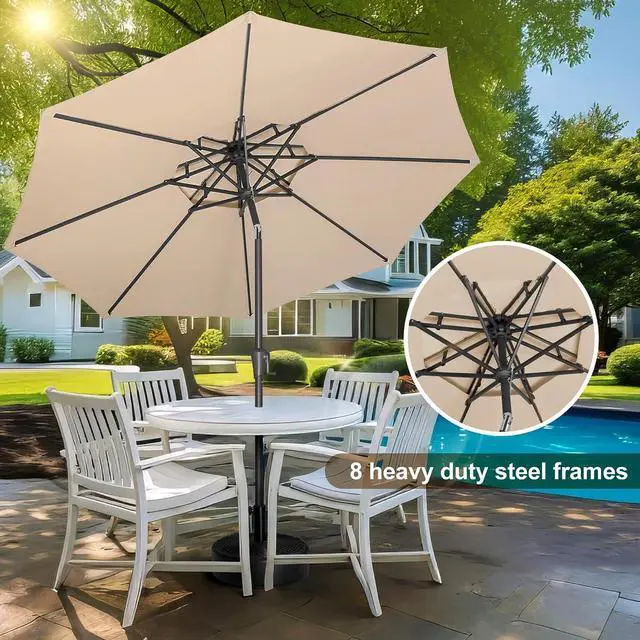 Alt view image 3 of 7 - FLAME&SHADE Patio Umbrella Outdoor with Tilt, 9 ft 2 Tiers, Beige | 8 Sturdy Ribs,UV Protection, Waterproof, Porch Deck Umbrella for Pool, Table, Garden, Backyard, Provides Shade