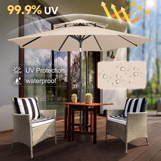 Alt view image 2 of 7 - FLAME&SHADE Patio Umbrella Outdoor with Tilt, 9 ft 2 Tiers, Beige | 8 Sturdy Ribs,UV Protection, Waterproof, Porch Deck Umbrella for Pool, Table, Garden, Backyard, Provides Shade