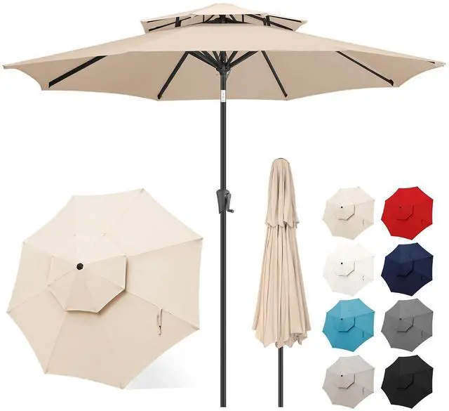 Main image of FLAME&SHADE Patio Umbrella Outdoor with Tilt, 9 ft 2 Tiers, Beige | 8 Sturdy Ribs,UV Protection, Waterproof, Porch Deck Umbrella for Pool, Table, Garden, Backyard, Provides Shade