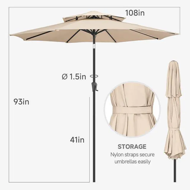 Alt view image 4 of 7 - FLAME&SHADE Patio Umbrella Outdoor with Tilt, 9 ft 2 Tiers, Beige | 8 Sturdy Ribs,UV Protection, Waterproof, Porch Deck Umbrella for Pool, Table, Garden, Backyard, Provides Shade