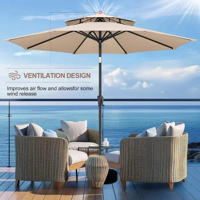 Alt view image 6 of 7 - FLAME&SHADE Patio Umbrella Outdoor with Tilt, 9 ft 2 Tiers, Beige | 8 Sturdy Ribs,UV Protection, Waterproof, Porch Deck Umbrella for Pool, Table, Garden, Backyard, Provides Shade