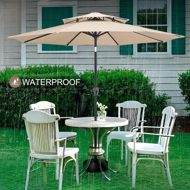 Alt view image 7 of 7 - FLAME&SHADE Patio Umbrella Outdoor with Tilt, 9 ft 2 Tiers, Beige | 8 Sturdy Ribs,UV Protection, Waterproof, Porch Deck Umbrella for Pool, Table, Garden, Backyard, Provides Shade