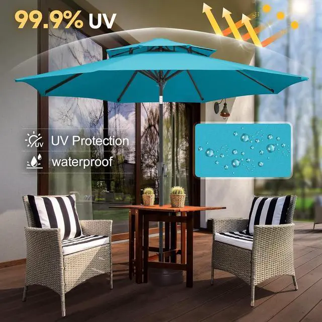 Alt view image 2 of 7 - FLAME&SHADE Patio Umbrella Outdoor with Tilt, 9 ft 2 Tiers, Aqua Blue | 8 Sturdy Ribs,UV Protection, Waterproof, Porch Deck Umbrella for Pool, Table, Garden, Backyard, Provides Shade