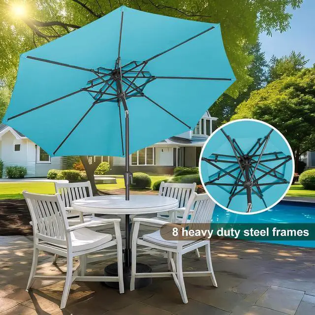 Alt view image 3 of 7 - FLAME&SHADE Patio Umbrella Outdoor with Tilt, 9 ft 2 Tiers, Aqua Blue | 8 Sturdy Ribs,UV Protection, Waterproof, Porch Deck Umbrella for Pool, Table, Garden, Backyard, Provides Shade
