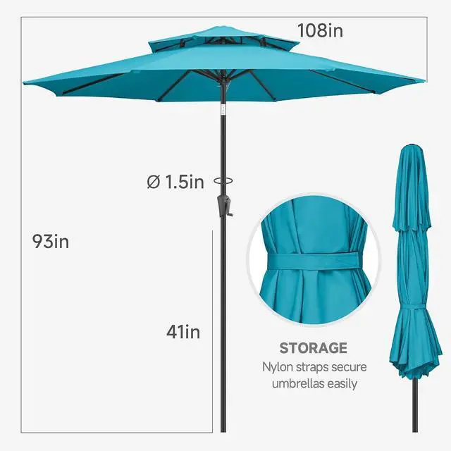 Alt view image 4 of 7 - FLAME&SHADE Patio Umbrella Outdoor with Tilt, 9 ft 2 Tiers, Aqua Blue | 8 Sturdy Ribs,UV Protection, Waterproof, Porch Deck Umbrella for Pool, Table, Garden, Backyard, Provides Shade