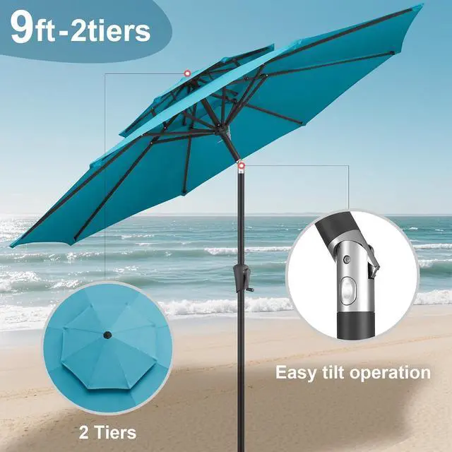 Alt view image 5 of 7 - FLAME&SHADE Patio Umbrella Outdoor with Tilt, 9 ft 2 Tiers, Aqua Blue | 8 Sturdy Ribs,UV Protection, Waterproof, Porch Deck Umbrella for Pool, Table, Garden, Backyard, Provides Shade