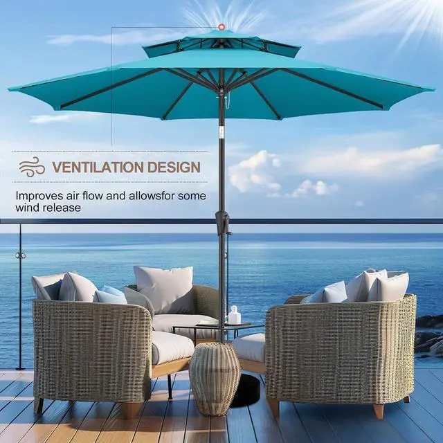 Alt view image 4 of 7 - FLAME&SHADE 9ft Patio Umbrella with Base included, 2 Tiers Outdoor Umbrella with stand for UV Protection, Table Market Umbrella for Garden, Deck, Backyard, Pool and Beach