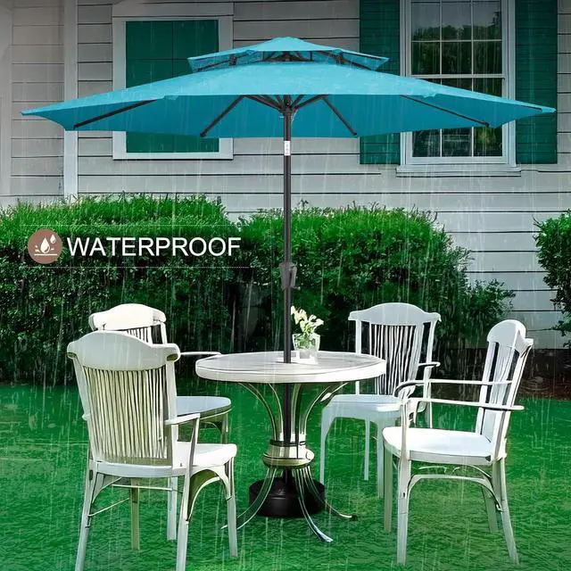 Alt view image 7 of 7 - FLAME&SHADE Patio Umbrella Outdoor with Tilt, 9 ft 2 Tiers, Aqua Blue | 8 Sturdy Ribs,UV Protection, Waterproof, Porch Deck Umbrella for Pool, Table, Garden, Backyard, Provides Shade