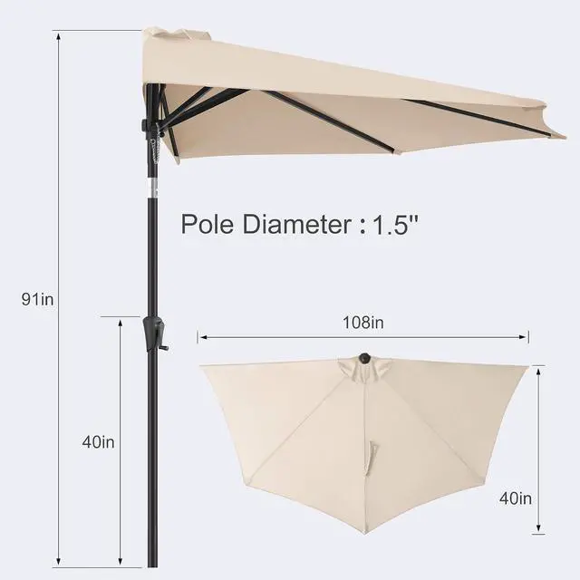 Alt view image 3 of 7 - FLAME&SHADE 9 ft Half Patio Umbrella with Push Button Tilt, Beige | UV Protection, Small Half Round Umbrella Outdoor for Wall Balcony, Pool, Porch, Garden, Deck, Backyard, Provides Shade