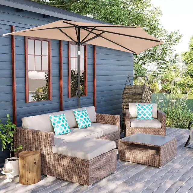Alt view image 6 of 7 - FLAME&SHADE 9 ft Half Patio Umbrella with Push Button Tilt, Beige | UV Protection, Small Half Round Umbrella Outdoor for Wall Balcony, Pool, Porch, Garden, Deck, Backyard, Provides Shade