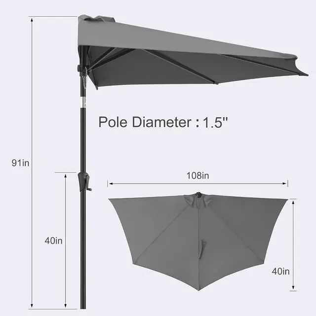 Alt view image 3 of 7 - FLAME&SHADE 9 ft Half Patio Umbrella with Push Button Tilt, Anthracite | UV Protection, Small Half Round Umbrella Outdoor for Wall Balcony, Pool, Porch, Garden, Deck, Backyard, Provides Shade