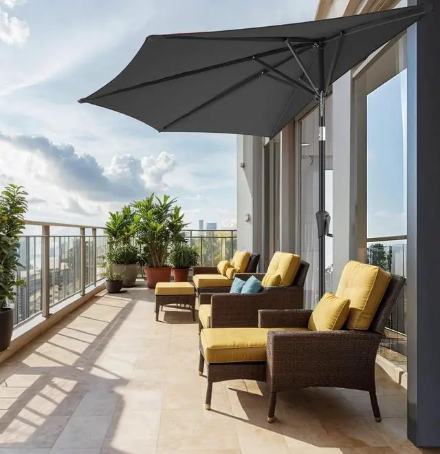 Alt view image 2 of 7 - FLAME&SHADE 9 ft Half Patio Umbrella with Push Button Tilt, Anthracite | UV Protection, Small Half Round Umbrella Outdoor for Wall Balcony, Pool, Porch, Garden, Deck, Backyard, Provides Shade