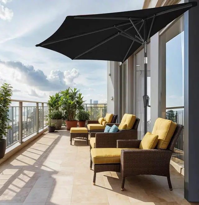 Alt view image 2 of 7 - FLAME&SHADE 9 ft Half Patio Umbrella with Push Button Tilt, Black | UV Protection, Small Half Round Umbrella Outdoor for Wall Balcony, Pool, Porch, Garden, Deck, Backyard, Provides Shade