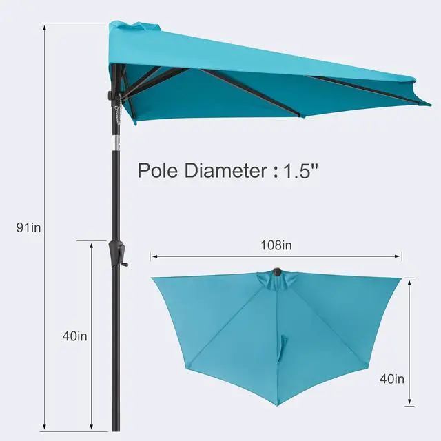 Alt view image 3 of 7 - FLAME&SHADE 9 ft Half Patio Umbrella with Push Button Tilt, Aqua Blue | UV Protection, Small Half Round Umbrella Outdoor for Wall Balcony, Pool, Porch, Garden, Deck, Backyard, Provides Shade