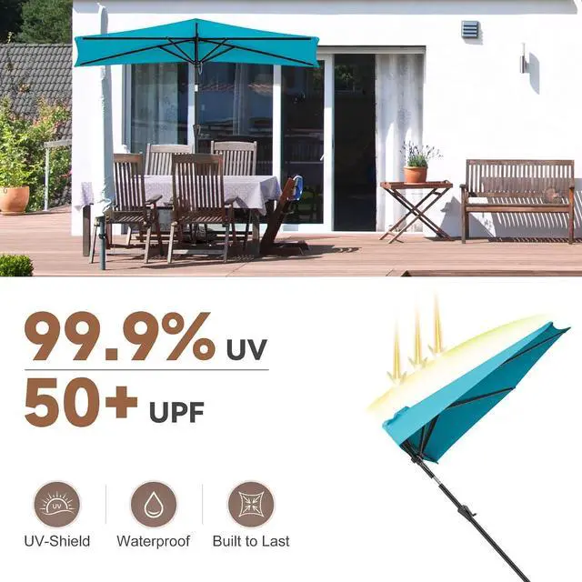 Alt view image 5 of 7 - FLAME&SHADE 9 ft Half Patio Umbrella with Push Button Tilt, Aqua Blue | UV Protection, Small Half Round Umbrella Outdoor for Wall Balcony, Pool, Porch, Garden, Deck, Backyard, Provides Shade
