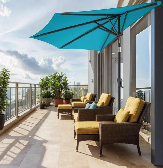 Alt view image 2 of 7 - FLAME&SHADE 9 ft Half Patio Umbrella with Push Button Tilt, Aqua Blue | UV Protection, Small Half Round Umbrella Outdoor for Wall Balcony, Pool, Porch, Garden, Deck, Backyard, Provides Shade