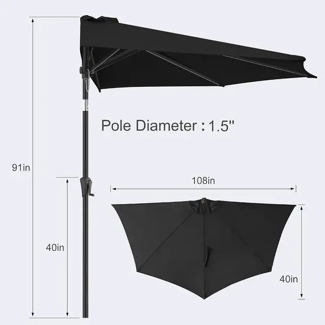 Alt view image 3 of 7 - FLAME&SHADE 9 ft Half Patio Umbrella with Push Button Tilt, Black | UV Protection, Small Half Round Umbrella Outdoor for Wall Balcony, Pool, Porch, Garden, Deck, Backyard, Provides Shade